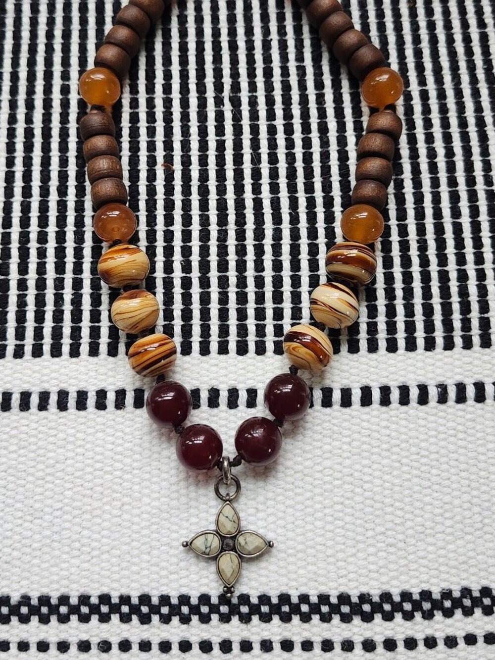 Lucky Brand Boho Beaded Necklace Wood & Stone Cross Pendant Signed